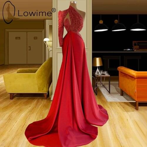 One Shoulder Red Mermaid Evening Dresses 2021 Single Long Sleeve Satin Evening Gowns Custom Made Formal Party Prom Dress