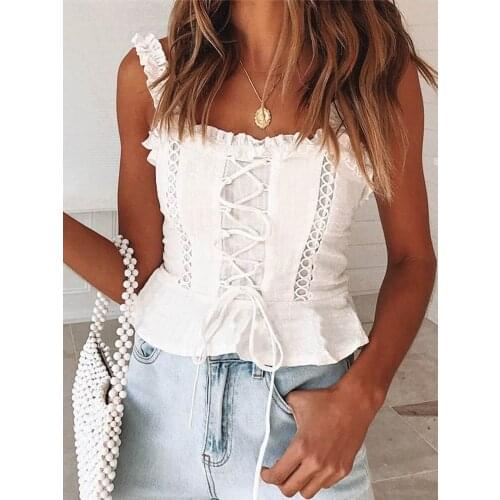 Yinlinhe Elasticity strap Slim Sexy Tank Backless White Crop Tops women Cotton Boho Holiday Lace Up summer Top Sleeveless 1054