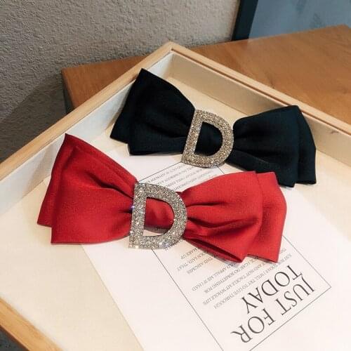Retro Fabric Bow Barrette Hair Clip Letter D Crystal Rhinestone Hairpin Elegant Luxury Hairclip Women Hair Accessories Headpiece