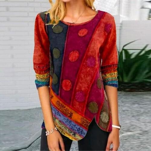 5XL Retro Printed Side Button Irregular Shirt 2021 Spring Elegant O Neck Patchwork Top Autumn Long Sleeve Women Blouses Pullover