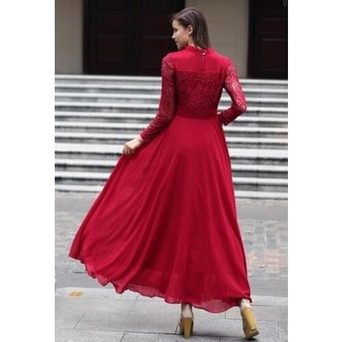 NEW HIGH QUALITY Women long sleeve stand collar dress red lace slim big swing dress party holiday ceremony dress brand