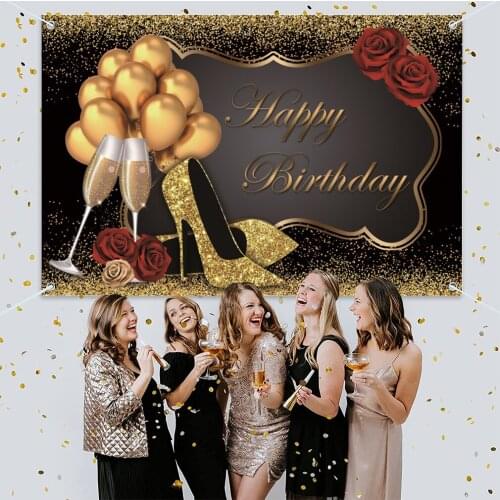 Gold and Black Happy Birthday Photography Backdrop Glitter Sequin High Heels Champagne Glasses Red Rose Women Party Background