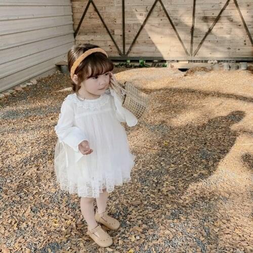 2020 Baby Girl Spring Autumn Princess Dress White Lace Mesh Long Sleeved Birthday Party Dresses Children Clothes Vestido