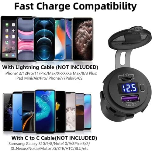 12V 24V Quick Charge 3.0 USB SUV Car Charger Waterproof 18W Type C PD Outlet Fast Charger With ON OFF Power Switch