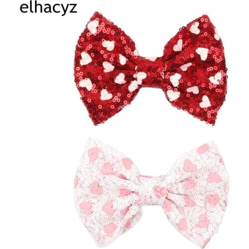 10Pcs 5'' White Hearts Sequin Bows With/Without Clips Girls Barrette Valentines Day Cute Hairbow DIY Hair Accessories Headwear