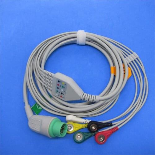 One-piece ECG cable with 5 leads,snap for fukuda dynascope ds7100