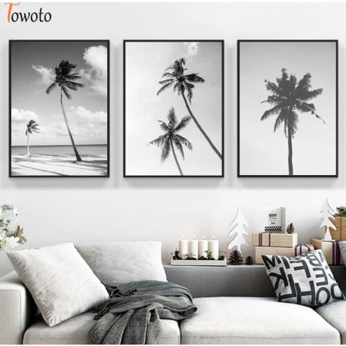 Palm Tree Print Black and White Poster Landscape Canvas Painting Sandy Beach Wall Art Nordic Decoration Pictures Home Decor