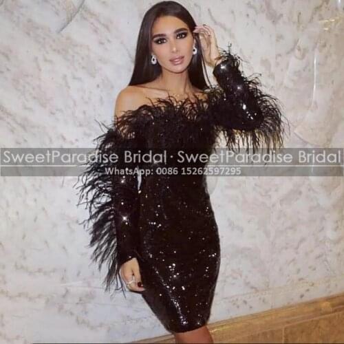 Bling Sequined Short Cocktail Dresses With Feather Long Sleeves 2020 Off Shoulder Sheath Little Black Dress Party For Women