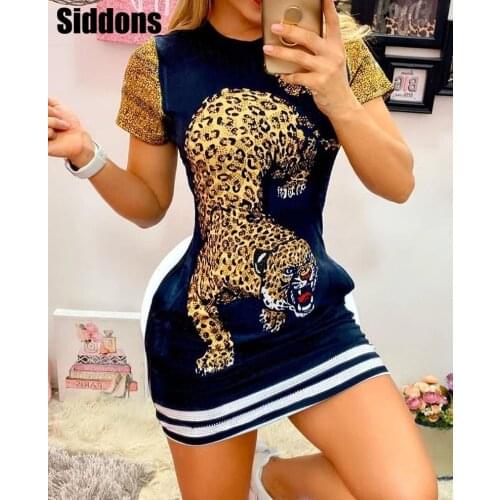 Elegant Women Tiger Print Short Sleeve Bodycon Mini Dress Sexy Fashion Mini Dress Fall