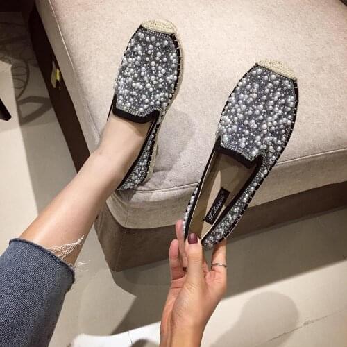 All crystal straw espadrilles women pearl studded flats bling bling spring loafers ladies fisherman creepers glitter shoes