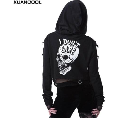 XUANCOOL Short Women Crop Tops Gothic Style Skull I Don't Care Printed Teenage Mesh Patchwork Sweatshirts Clothes Streetwear