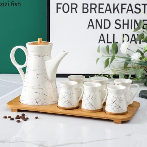 Marble Series Tea Set Nordic Ceramic Coffee Mugs with Teapot Tea Set Family Breakfast Milk Cups Saucer Afternoon Tableware Suit