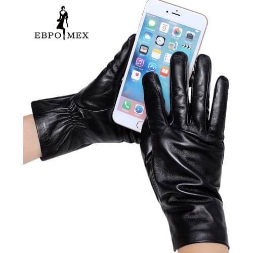 Genuine Leather mittens gloves female Fashion warm leather gloves touch gloves Black Touch screen gloves