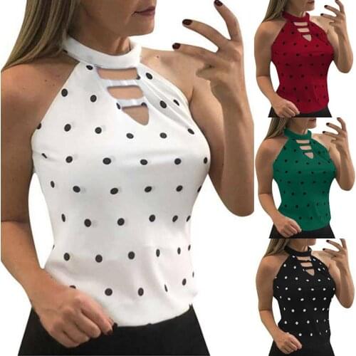 New Polka Dot Print Halter Slim Tank Top Sexy Hollow Out Bandage Crop Tops Women Sexy Blouse