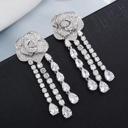 QTT New Arrival Dangle Earrings Flower Water Drop CZ 925 Sterling Silver Earrings For women Best Wedding Jewelry GIft