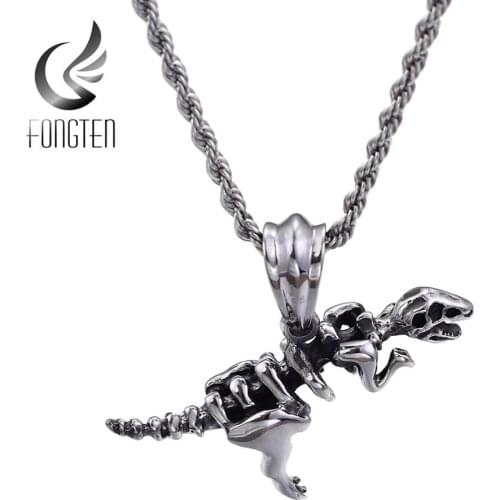 Fongten Dinosaur Skull Pendant Stainless Steel Custom Punk Animal Pendants Necklace Men Jewelry