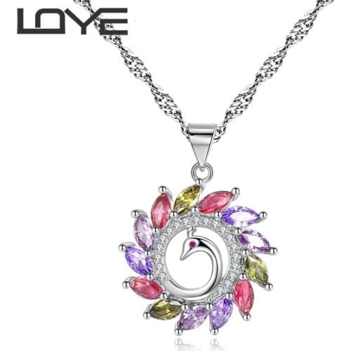 Peacock shape hanging pendant necklace setting cubic zirconia water wave chain silver color necklace for women