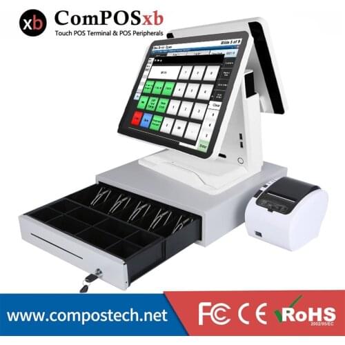 Free shipping 15+15 inch POS Terminal Black /white All in one POS Touch screen POS systems with printer