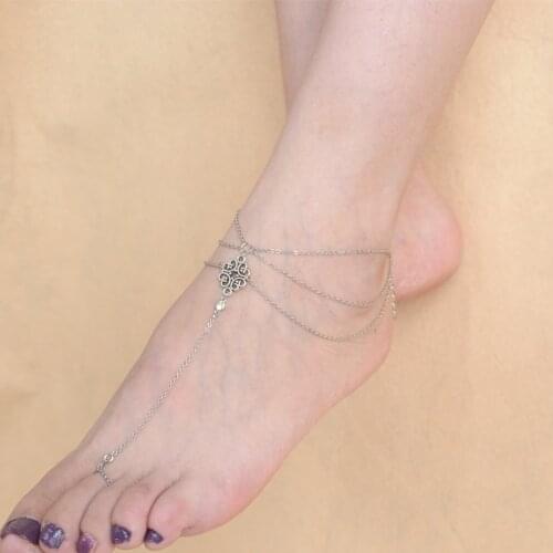 Simple Gold Silver Color Tassel Chain Toe Ring Anklet Retro Hollow Carved Flower Ankle Summer Beach Anklet Women Foot Jewelry
