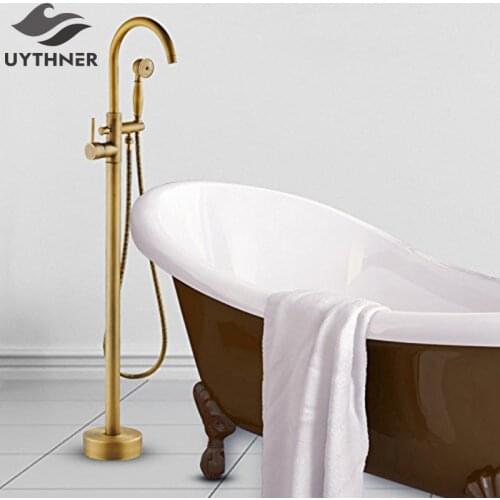 Uythner Luxury Antique Brass Bathroom Tub Faucet Swivel Spout Filler Standing w/Waterproof Platform Base Mixer Tap Hot and Cold