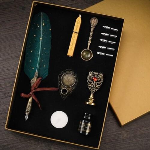 Luxury Fountain Pen Set Vintage Sprinkling Gold Feather Pen Ink Bottle Calligraphy Writing Dip Pen Birthday Gift Box with 5x Nib