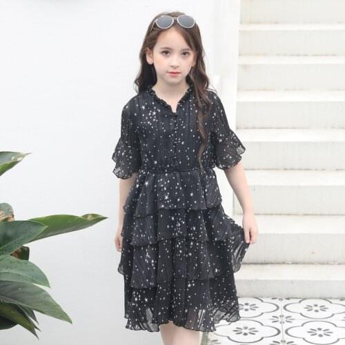 Big girl Chiffon dress fashion 2019 summer Girl black Pentagram dress Teenager Girls costume for kids Clothing 5 8 10 12 16Years