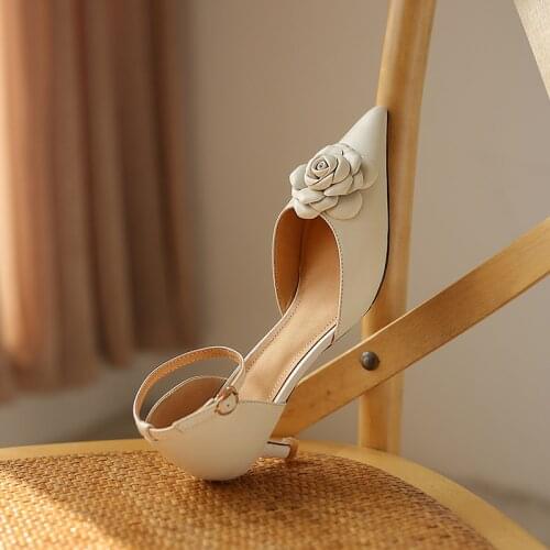 SKLFGXZY New Arrival Pointed Genuine Leather Women Sandals High Heels Flowers Wedding Party Shoes 100% Cowhide Sandals Pumps