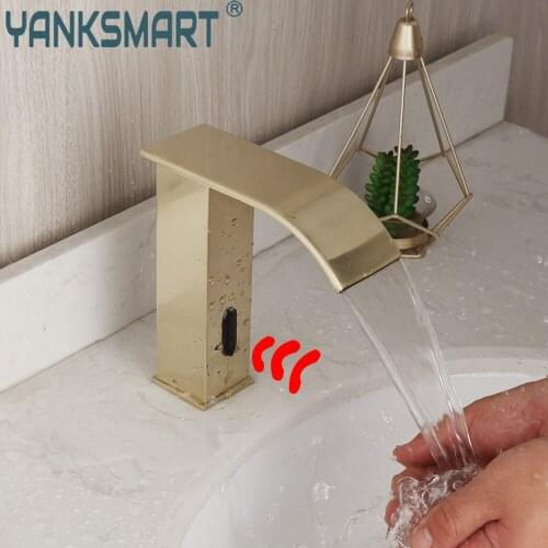 YANKSMART Golden Nickel Bathroom Faucet Basin Sink Deck Mounted Free Touch Automatic Inflated Sensor Faucet Washbasin Water Tap