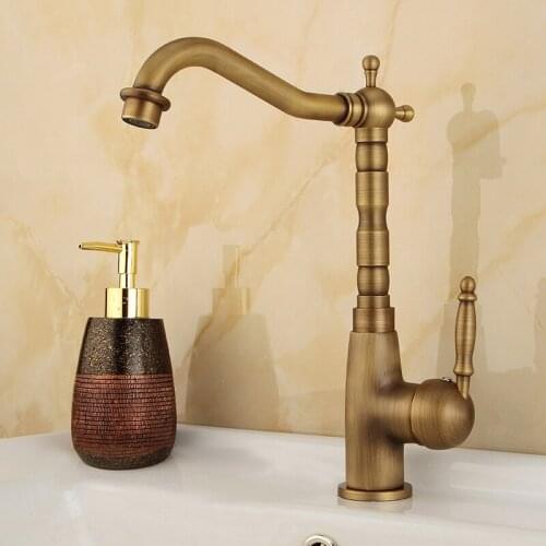Antique Brass Basin Faucet Deck Mounted Kitchen Faucet Single Handle Bathroom 60 Swivel Spout Lavatory Sink Hot Cold Mixer Tap