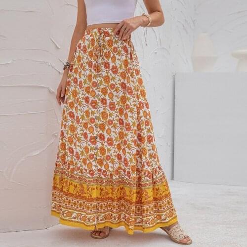 JHBeute Autumn Long Skirt Single Breasted Split Skirt Women Vintage Beach Boho Casual Maxi Skirt Flowers Print Womens Clothing