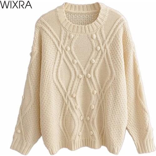 Wixra Womens Knit Pullover Sweater Ladies Hand Made Balls Long Sleeve Basic Jumpers Autumn Spring New Fashion Tops