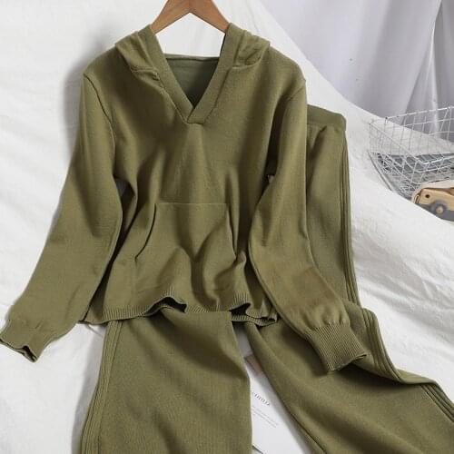 Hooded Women Knitted Pullovers Sweater + Elastic Waist Pants Tracksuits Set Casual Solid Color Two Piece Set Suits For Women