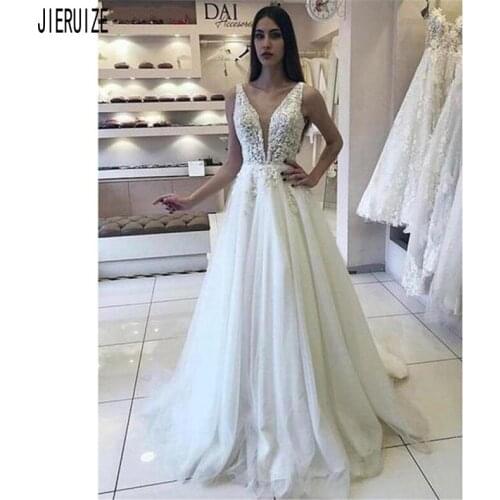 JIERUIZE A-Line Tulle Wedding Dresses V Neck Lace Appliques Sexy Backless Wedding Bridal Gowns Sleeveless Beach robe de mariee