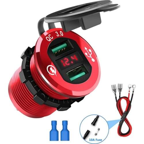 12V/24V Quick Charge 3.0 Dual USB Charger Socket Waterproof Aluminum Power Outlet Fast Charge with LED Voltmeter for Car Boat