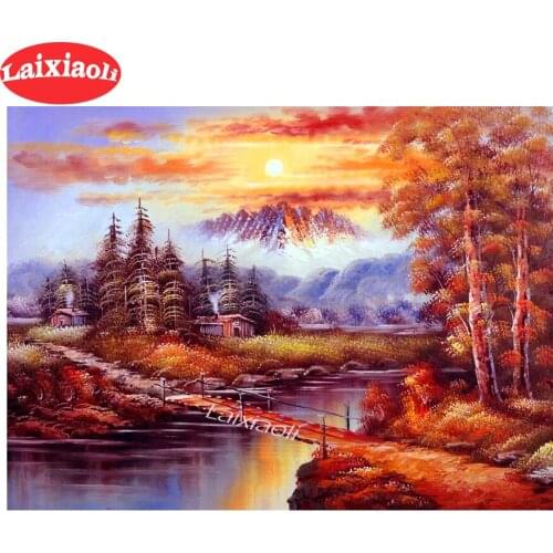 2020 round Diamond Painting natural sunset Full square Rhinestone of Picture Diamond mosaic country lake tree house landscape