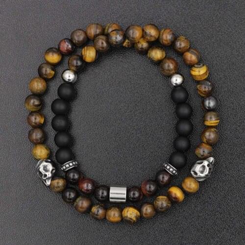 6mm Tiger Eyes atural Stone Beaded Bracelet Stainless Steel Skull Elastic Bracelet Religious Buddhist Male Female Jewelry