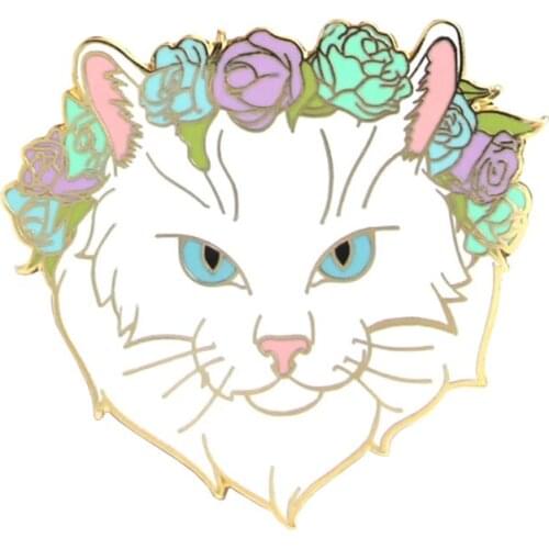 White cat with flower crown pin pastel flair addition