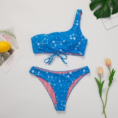 One shoulder strap bikini sexy blue constellation swimsuit female split beach suit swimwear women