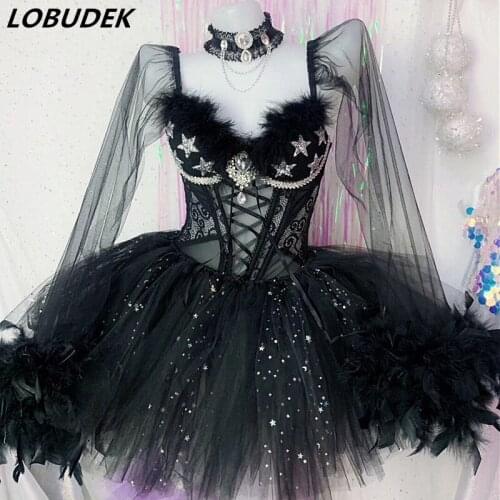 Black Feather Mesh Bodysuit Tutu Mini Skirt 3 Pieces Sexy Costume Lady Music Festival Bar Club Party Disco Dancing Stage Outfit