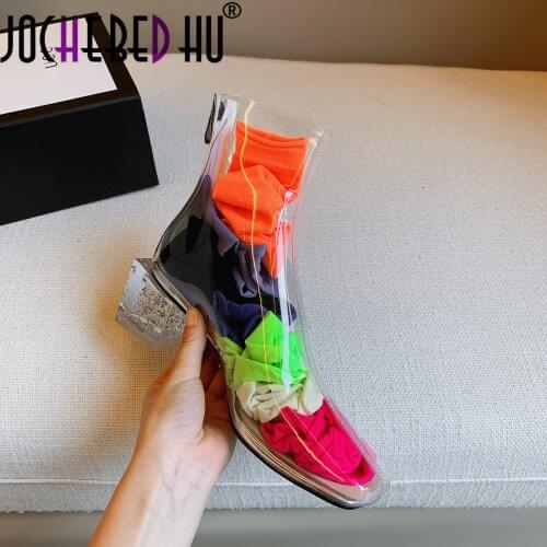 【JOCHEBED HU】 2021new fashion ankle boots for women transparent crystal summer boots Street style high heel party prom shoes wom