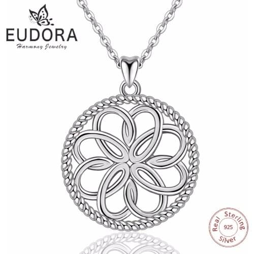 EUDORA 925 Sterling Silver Celtics Knot & Round Flower Pendant Necklace Women Jewelry Good Luck Silver Pendant for girl D196