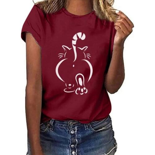 40#Animal Cat Print T-Shirts Womens Clothing Harajuku Casual Loose Round Neck Shorts Sleeve Letter Top Summer Elegant T Shirt