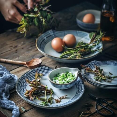 Ceramic Dish Plate Hand Painted Dinner Plate Japanese Style Plaid Soup Plate Salad Retro Creative Tableware
