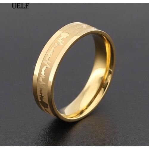 Uelf Classic Titanium Steel Ring Electrocardiogram Wave heartbeat Ring Wedding Couples Rings Bijouterie for Man or Woman Gift