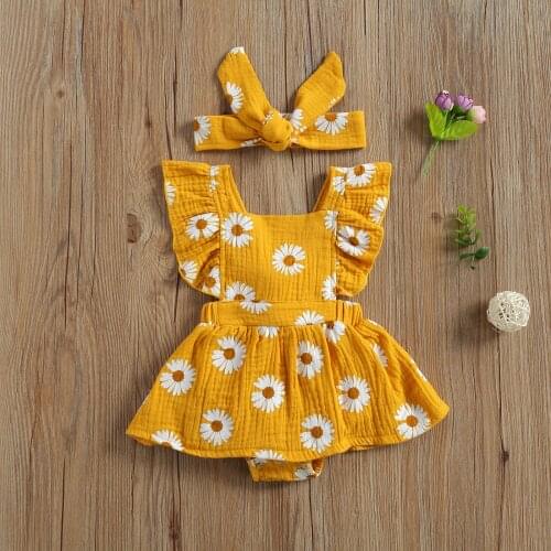 Newborn Baby Girls Daisy Flower Rompers Skirts with Headband Ruffles Sleeve One Piece Cotton Linen Clothes Baby Summer Clothing