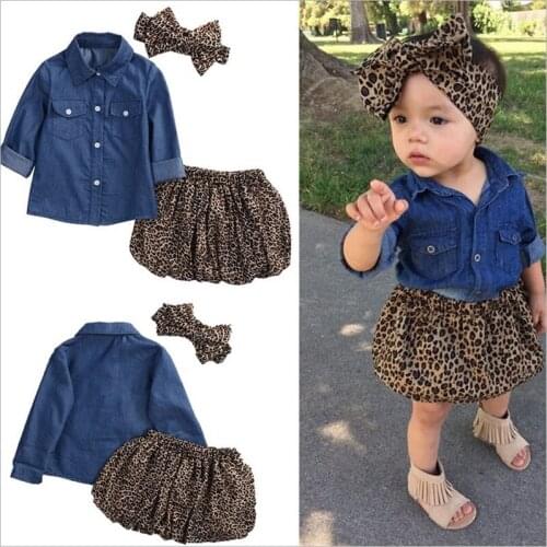 Kids Baby Girls summer clothes set 3pcs suit cowboy shirt Tops and leopard print skirt childrens clothing sets