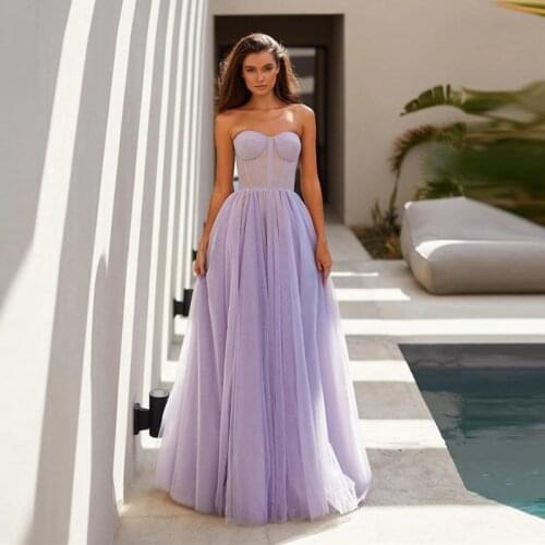 Sweetheart Long Evening Dresses 2021 A-Line Strapless Tulle Boning Fitted Top Floor Length Simple Formal Prom Gowns Custom Made