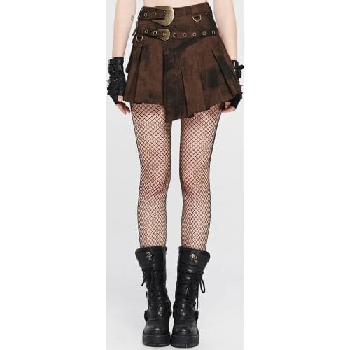 PUNKRAVE Womens Punk High Waist Mini Skirts Steampunk Waist Loop Decoration Irregular Hem Mottled Daily Casual Half Skirt