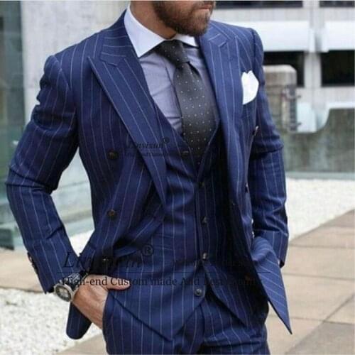 2020 Latest Coat Pant Designs Navy Blue Strip Pattern Men Suit Formal Skinny Blazer Modern Custom Men Tuxedo 3 Piece Terno