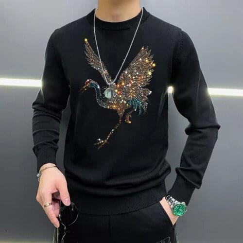 2021 New High Quality Crane Printing Hot Diamond Mens Sweater Fitness Casual Street Star Top Plus Size
